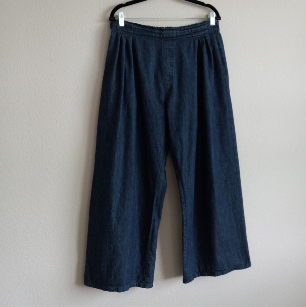 Uqnatu Indigo Cotton Wide Leg Pleated Culotte Pull On Pant L